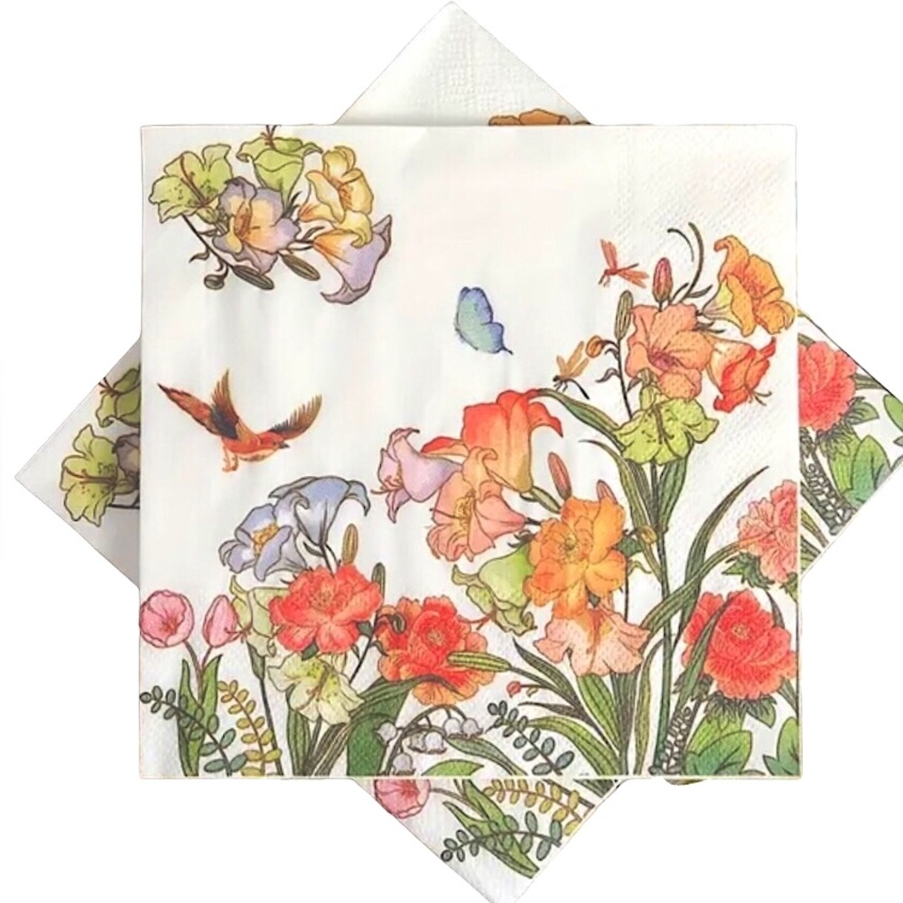 Two (2) INDIVIDUAL Floral and Bird Print Decorative Decoupage Paper Napkins